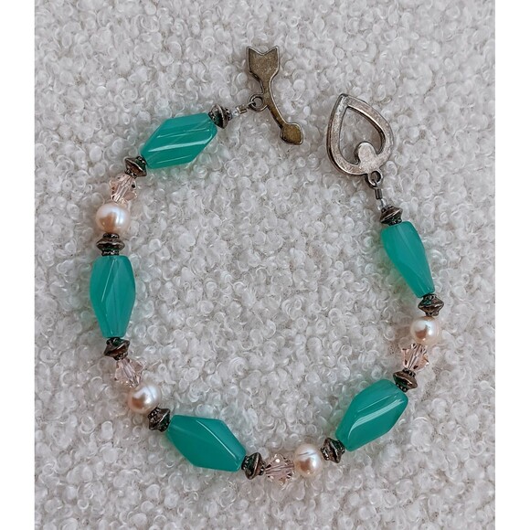 Sea Blue Chalcedony & Genuine Pearl Bracelet Arrow & Heart Clasp - Picture 5 of 6